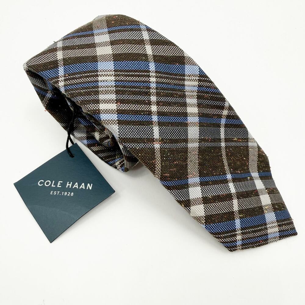 Cole Haan Tie Men’s brown blue plaid 100% silk textured Tweed Menswear Office - Picture 1 of 11